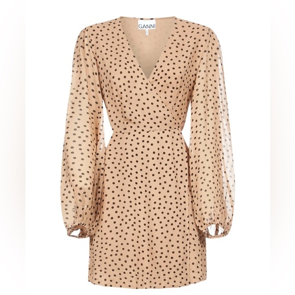Ganni Brown Nude Polka Dot Wrap Mini Dress size 42 L 10 12 Work Date Night Party - Picture 5 of 13